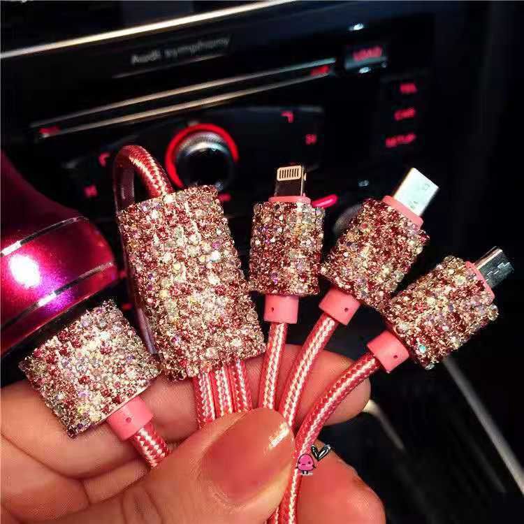 Car With Diamond Embedded One To Three Fast Charging Data Cable, Car USB Cigarette Lighter, Mobile Phone Charger_autovado.com
