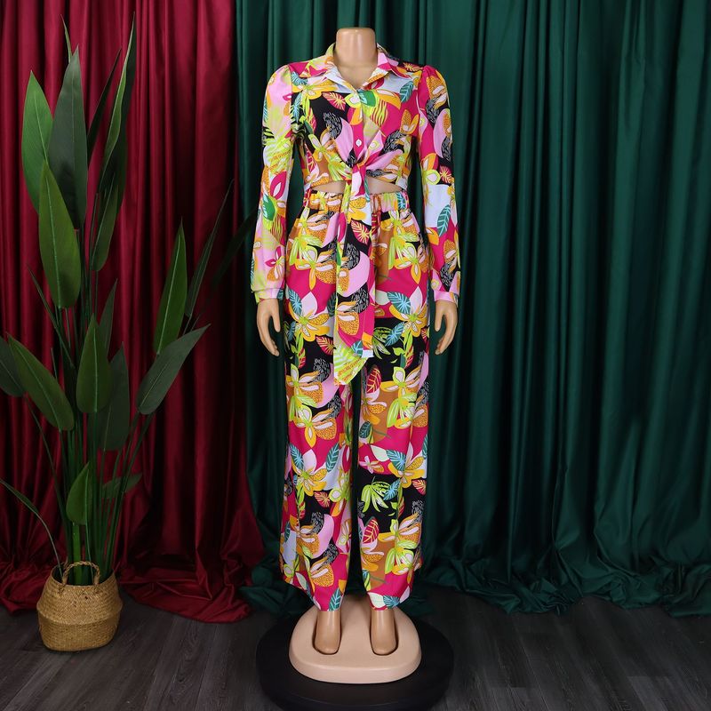 Women's Fashion Print Two-piece Suit Lapel Tie Shirt Wide Leg Pants Suit_autovado.com