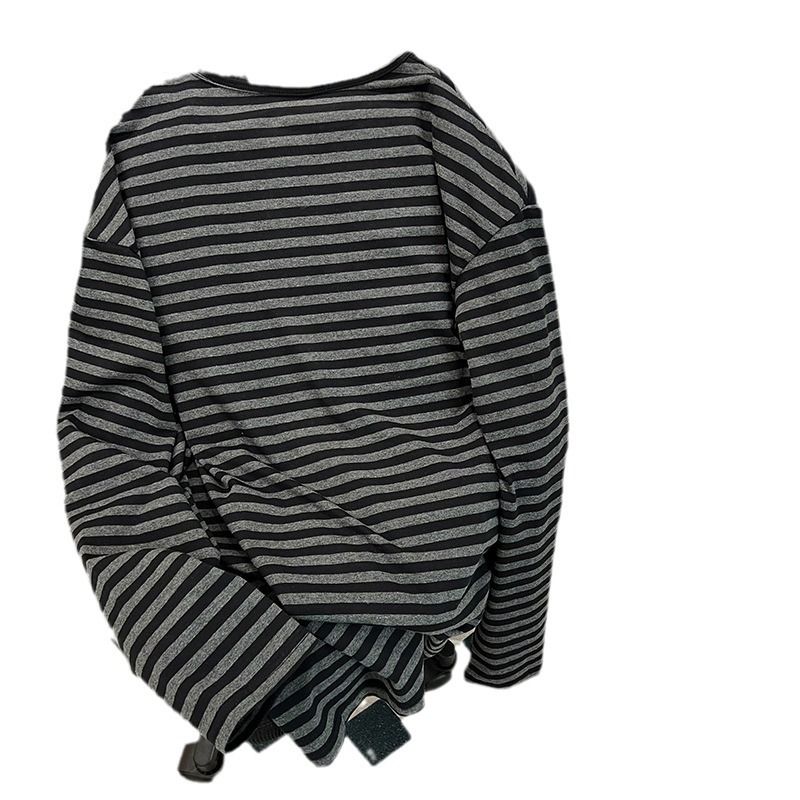 Women's Clothing shirt striped spring and autumn thin long sleeved T shirt women's medium long round neck loose large size women's clothing_autovado.com
