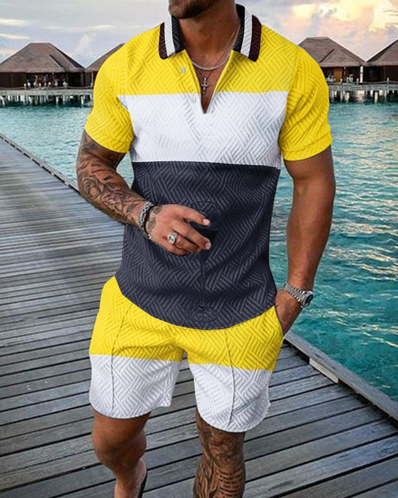 Men's Fashion Casual Suit 3D Printed Zipper Short Sleeve Polo Shirt Shorts 2-Piece Set_autovado.com