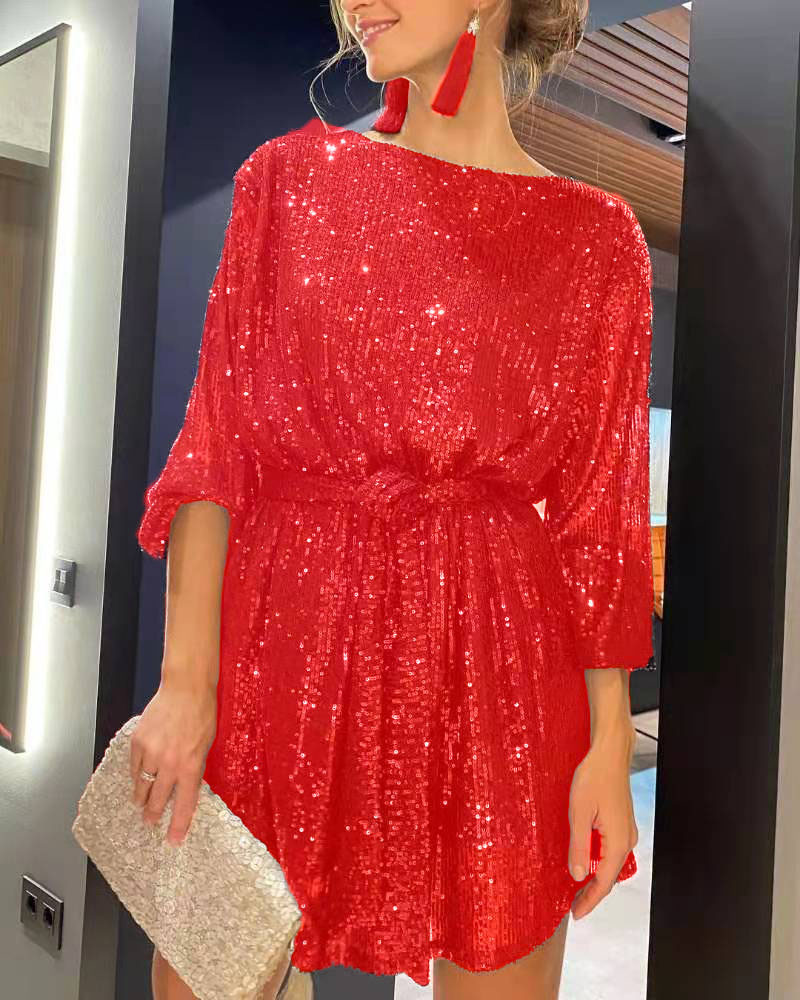 Women's Holiday Party Shiny Sequin Dress Little Dress Dress_autovado.com