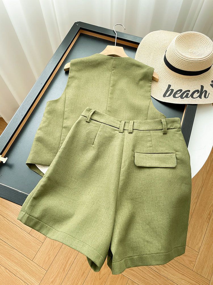Women's Clothing Sleeveless V-neck Sleeveless Button Suit Short Vest Shorts Suit _autovado.com