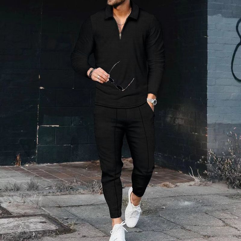Men's Clothing texture suit long-sleeved polo suit sports pants fashion casual half zipper stand collar suit_autovado.com