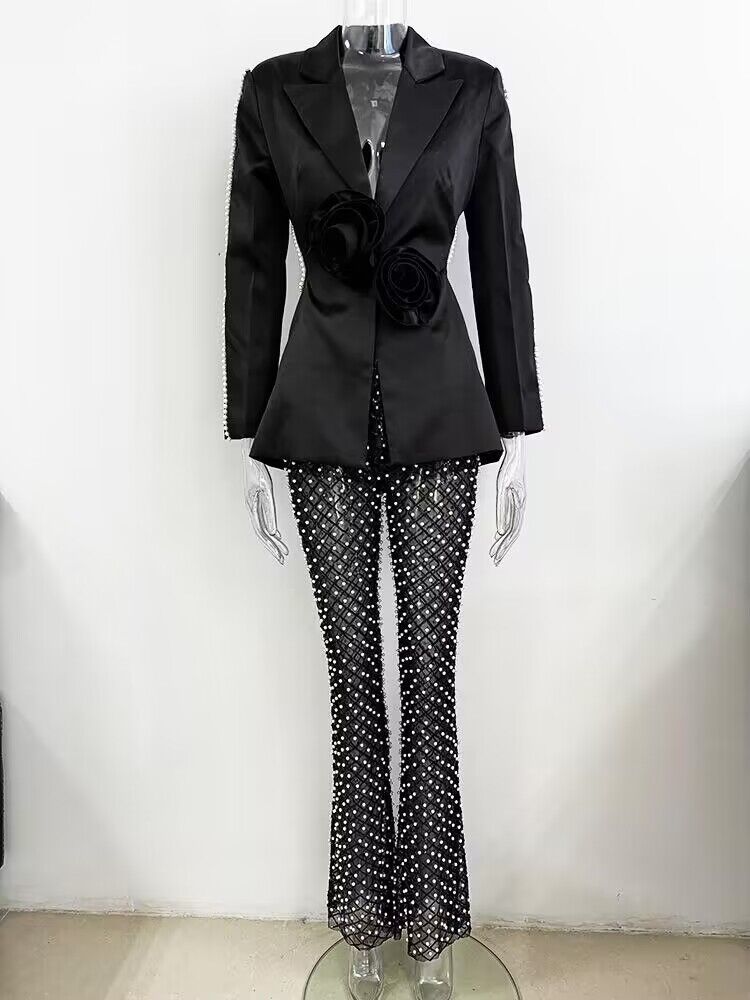 Women's Clothing New Style Hollow Beaded Three Dimensional Flower Suit Pearl Sequin Mesh Trousers Set_autovado.com