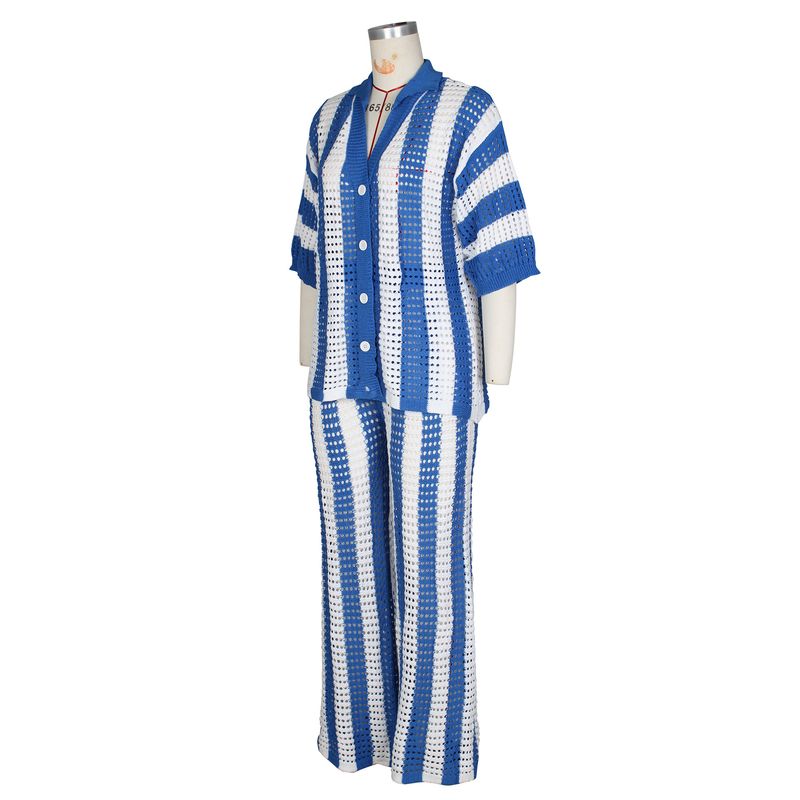 Women's Clothing sexy ladies V-neck hollow striped lapel knitted wide pants suit_autovado.com