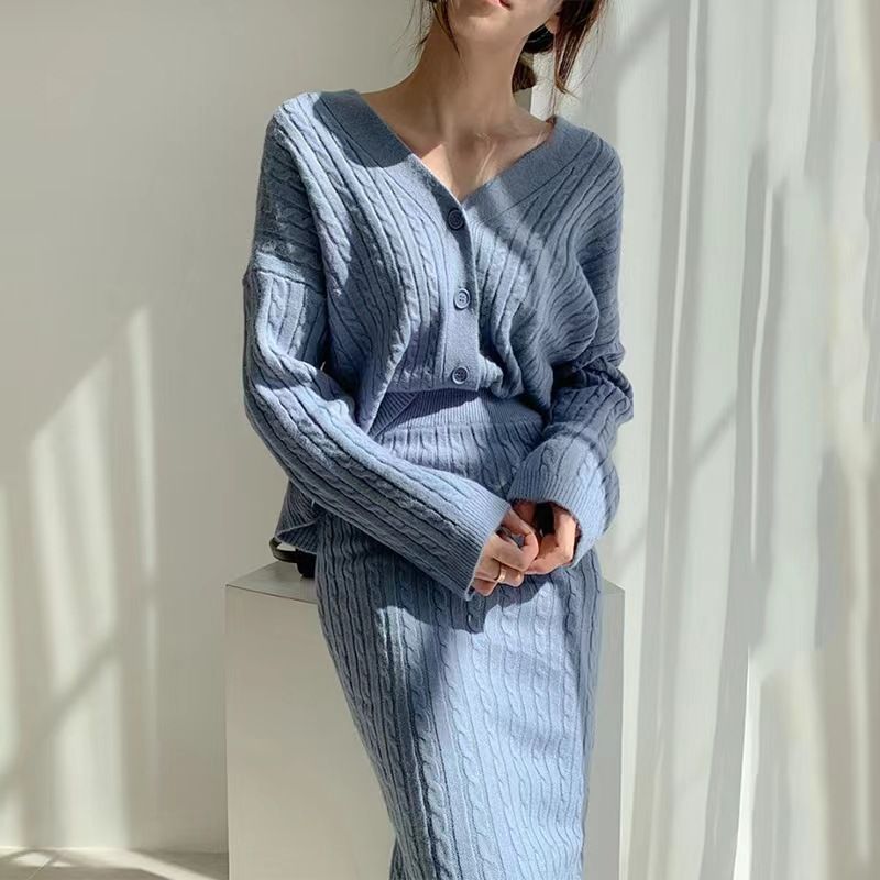 Women's Clothing elegant V-neck linen pattern knitted cardigan sweater + high waist sheath skirt_autovado.com