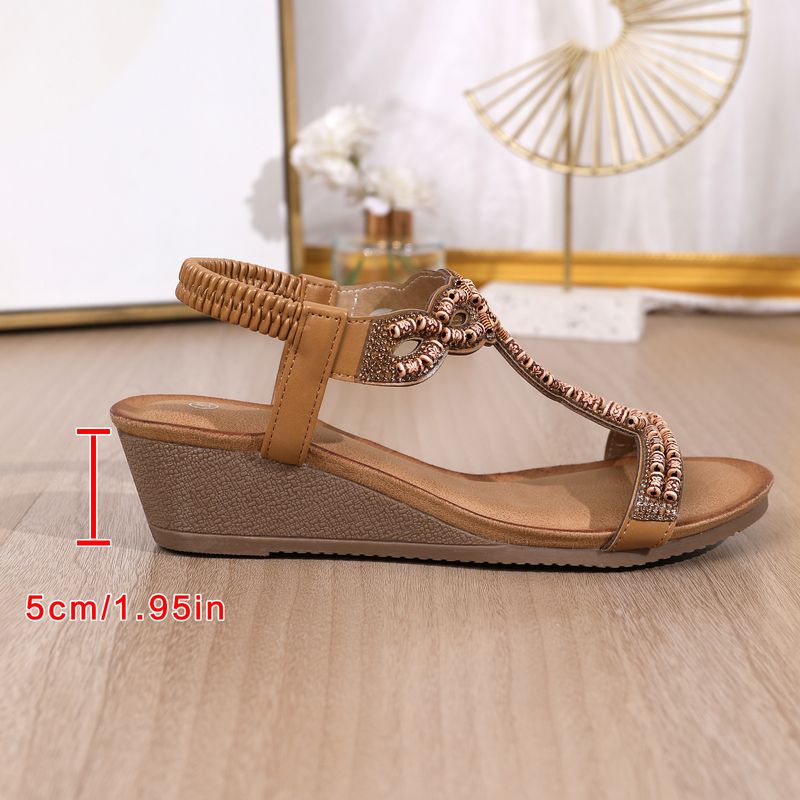 Women's fashion fashion wood bead rhinestone wedge heel comfortable large size sandals_autovado.com