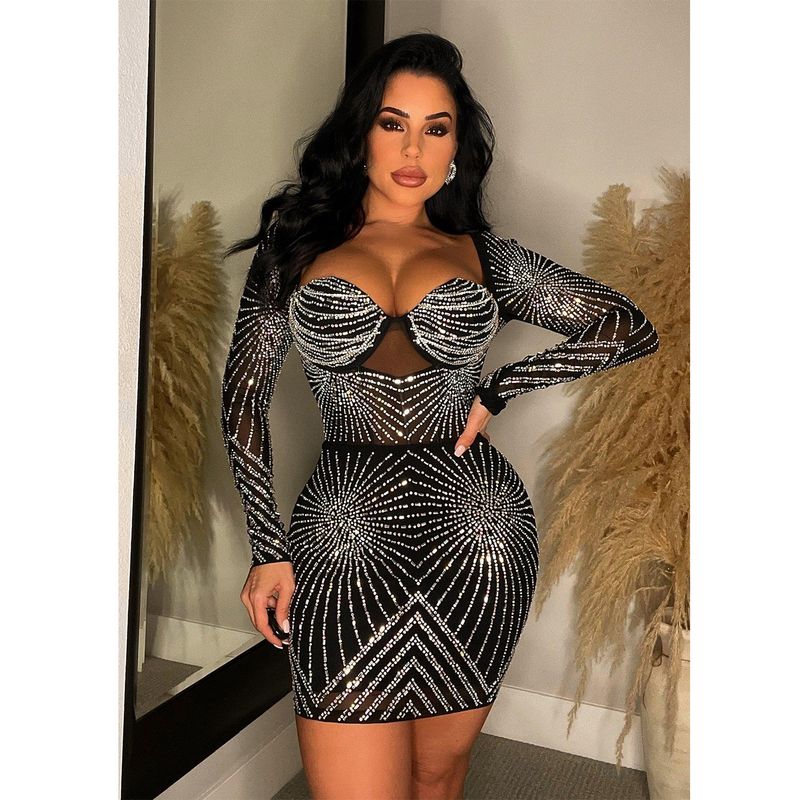 Women's solid color mesh rhinestone long-sleeved short skirt dress_autovado.com
