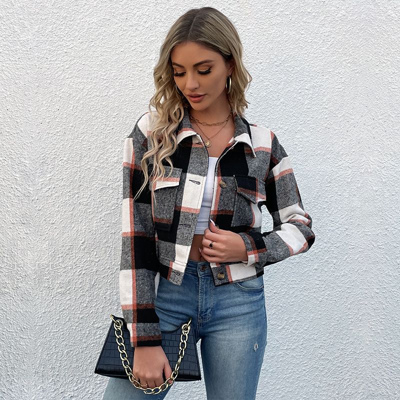 Women's clothing short plaid cardigan lapel jacket women_autovado.com