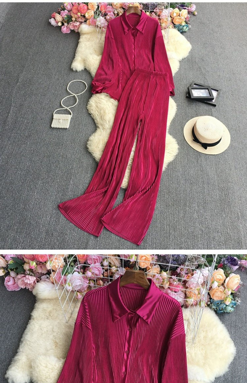 Women's Fashion Clean Color Shirt Two-piece Set Of High Waist Vertical Vertical Wide Leg Pants_autovado.com