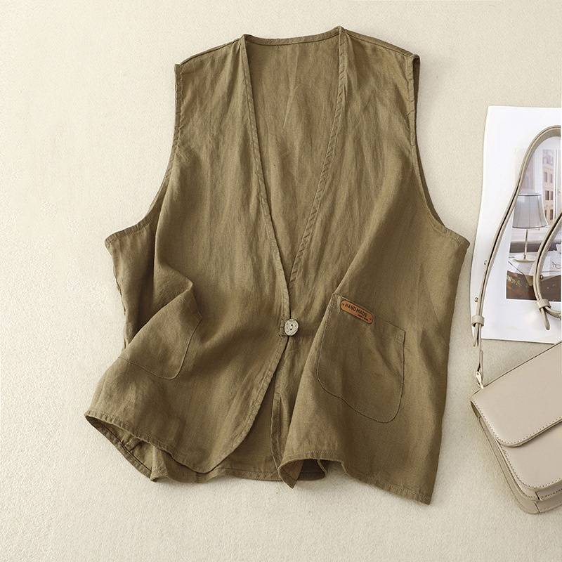 Women's Clothing Real shot of literary cotton and linen vest spring and summer thin loose solid color sleeveless_autovado.com