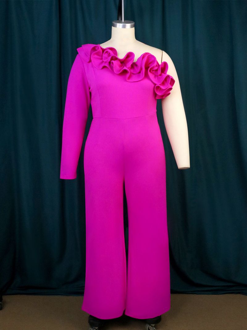 Women's oblique collar ruffle jumpsuit Commuter style high waist casual tights Jumpsuit_autovado.com