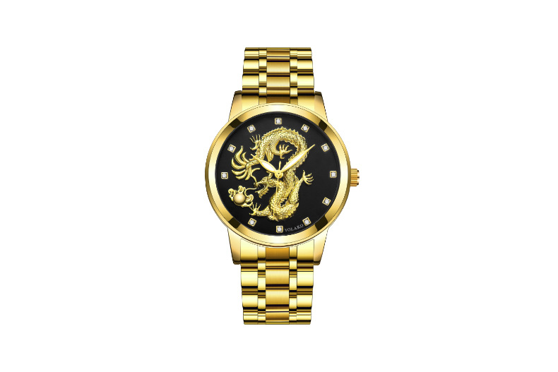 Men's Quartz Watch Men's Watch Diamond Yellow Gold Luminous Waterproof Steel Belt Relief Dragon Totem Watch_autovado.com