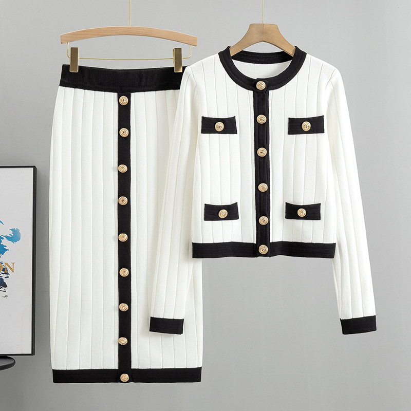 Women's haute couture French socialite knit suit slim coat skirt two-piece set_autovado.com