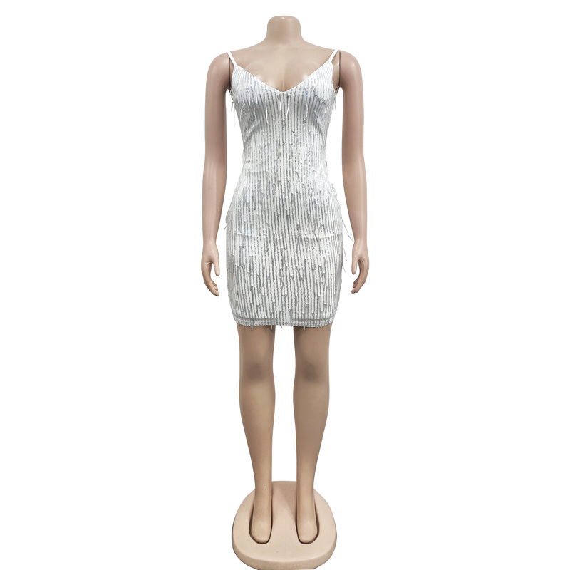 Women's solid color sequined sleeveless V-neck backless dress for women_autovado.com