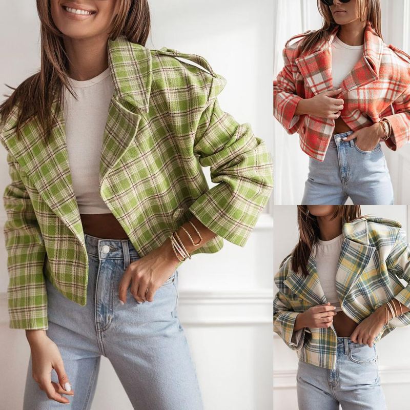 Women's Clothing New 2024 Fashion Suit Collar Plaid Printed Wool Coat_autovado.com