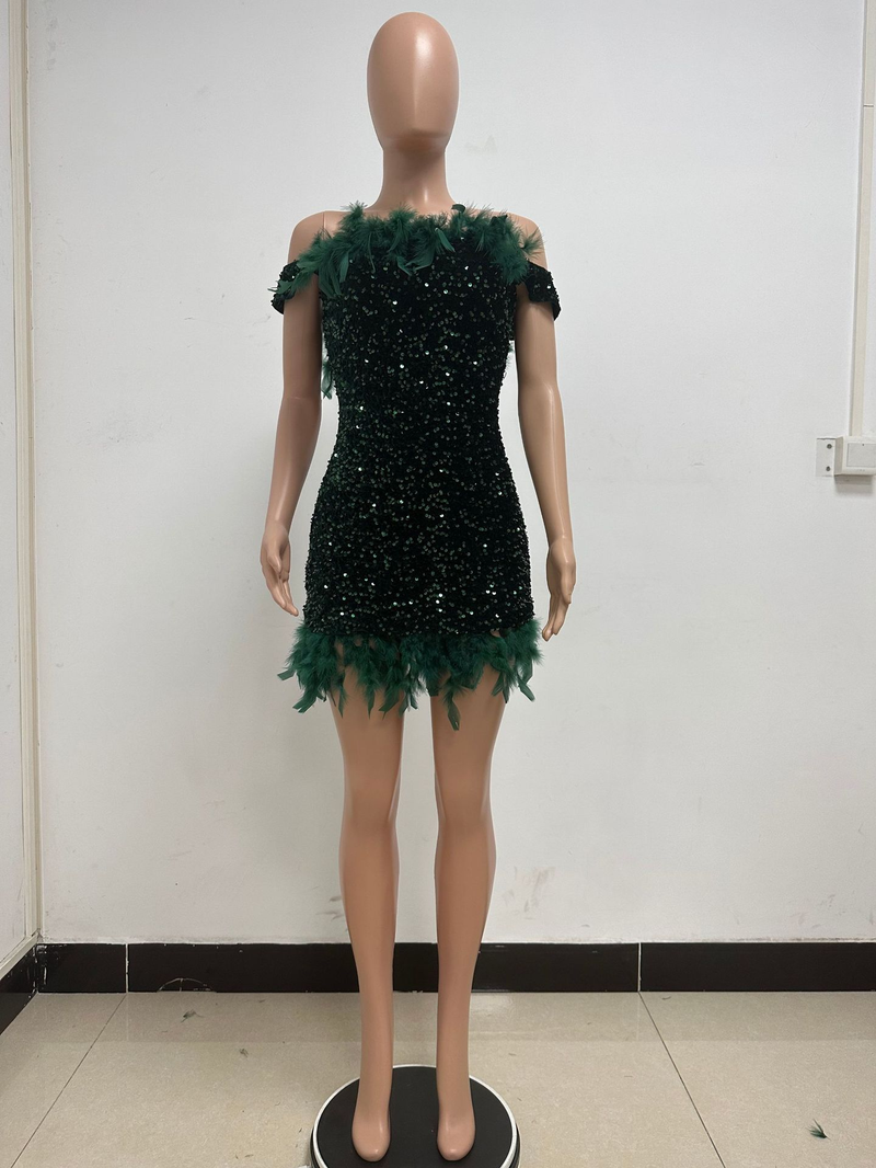 INS style sequined backless beach skirt one-shoulder feather hot girl hip-hugging dress_autovado.com