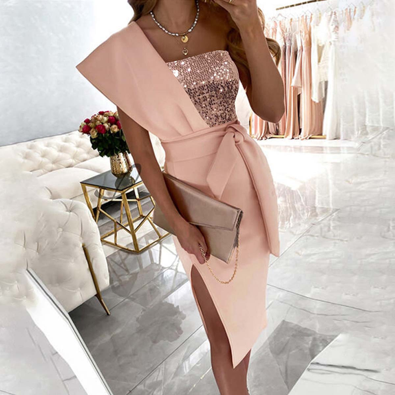 Women's Pink One-shoulder Design Sequin Patchwork Slim Slit Dress With Belt_autovado.com