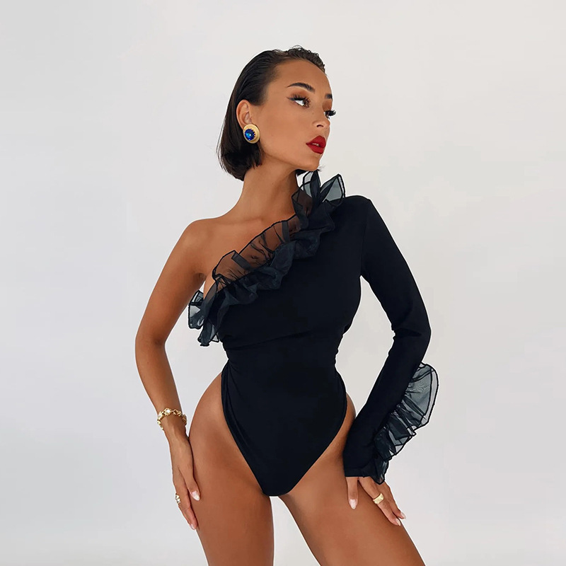 Women's clothing new summer style mesh lotus leaf flying edge one-shoulder sleeves slant collar sexy slim fit jumpsuit_autovado.com