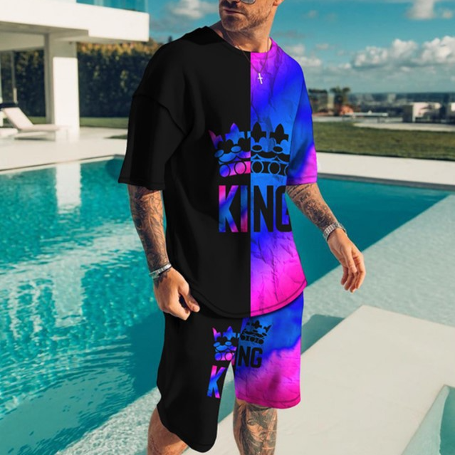 Men's Clothing shorts loose casual short-sleeved suit color matching KING printed T-shirt_autovado.com