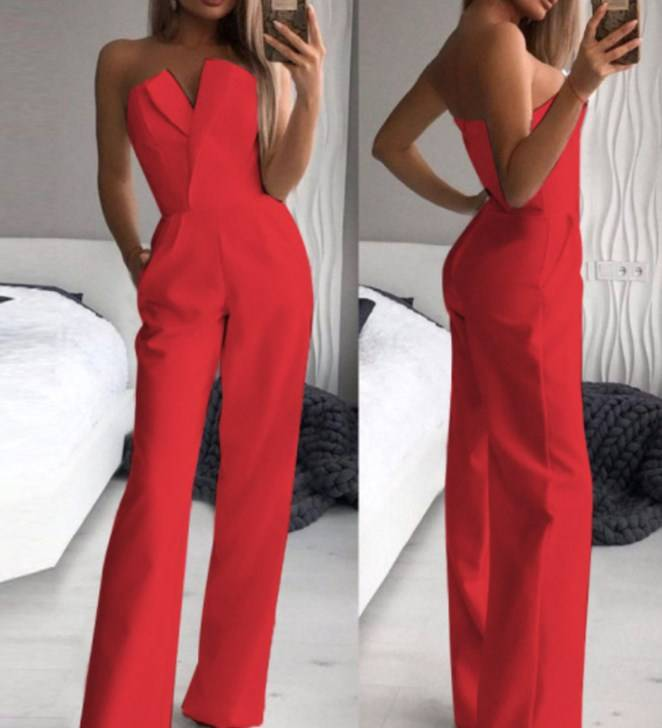 Women's spring and summer solid color splicing slim fit one-piece sleeveless long-sleeved one-shoulder jumpsuit_autovado.com