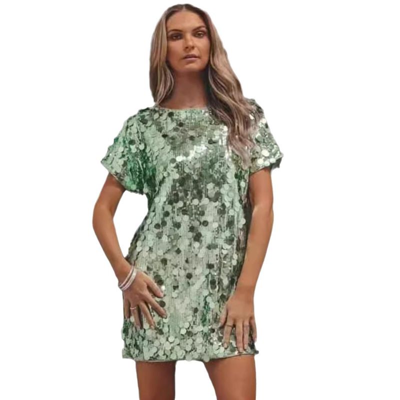 Women's Clothing sequin dress round neck fashion party high street hot girl short skirt_autovado.com