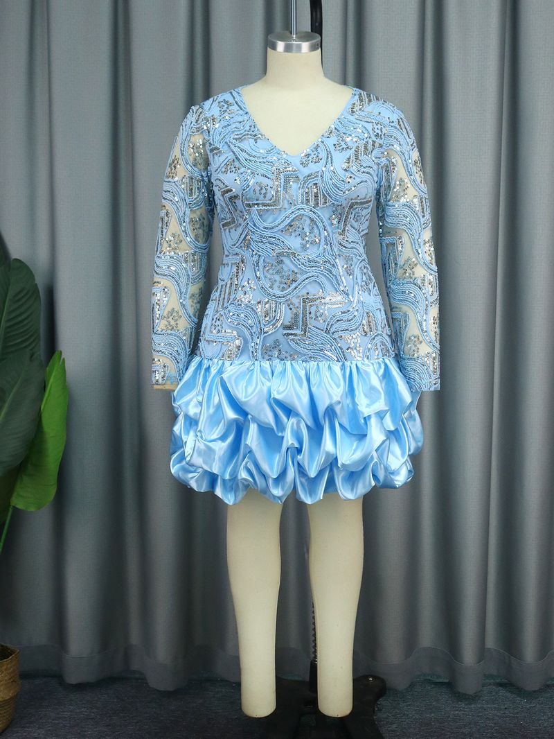 Large size women's V-neck sequined dress Birthday party dress Party dress_autovado.com