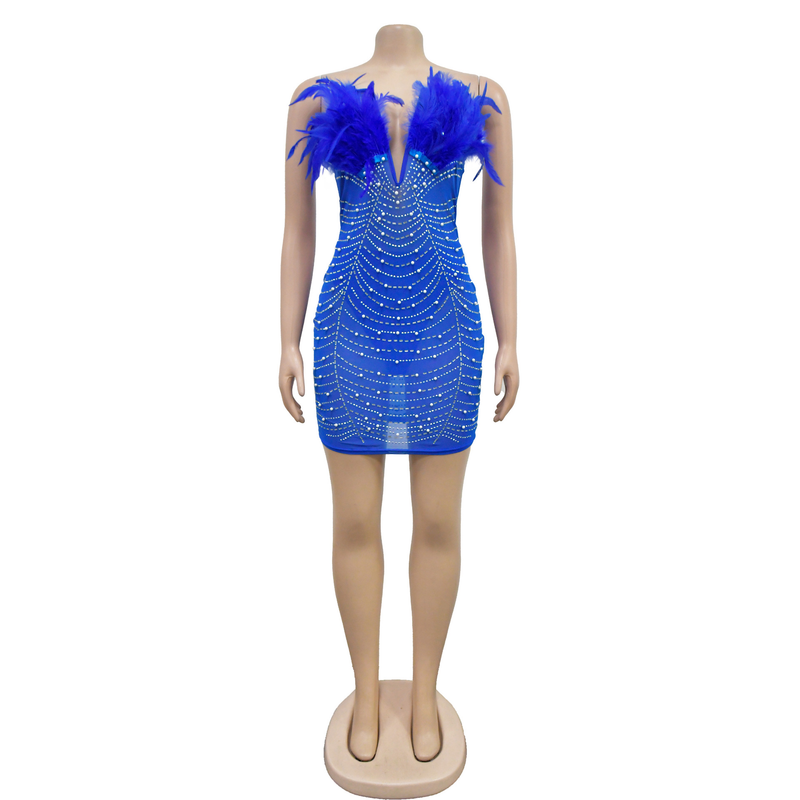 Women's Solid Color Mesh Rhinestone Feather Skirt Dress_autovado.com