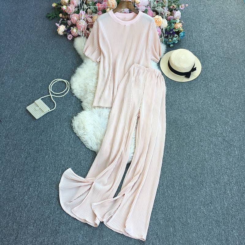 Women's Fashion Clean Color Shirt Two-piece Set Of High Waist Vertical Vertical Wide Leg Pants_autovado.com