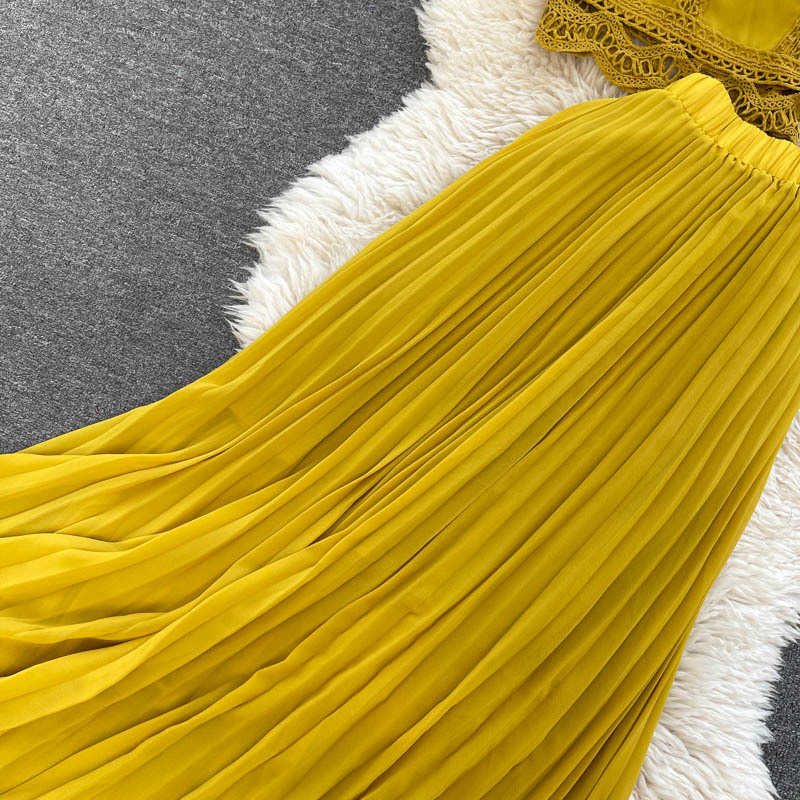 Women's fashion high-waisted lean pressed chiffon skirt two-piece set_autovado.com