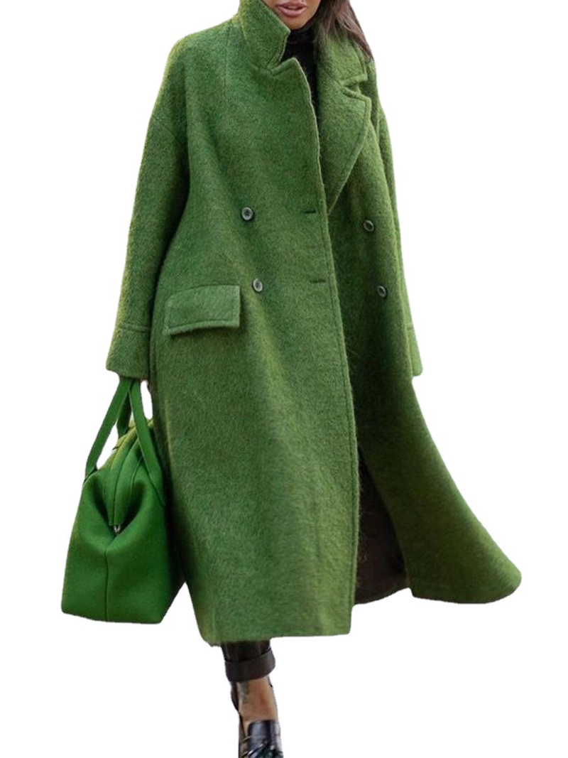 Women's solid color temperament commuting loose woolen green coat without lapels_autovado.com