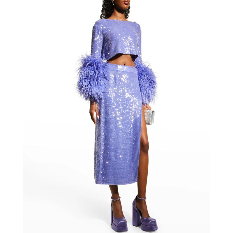 Women's new style solid color feather trim sequin short straight skirt dress_autovado.com