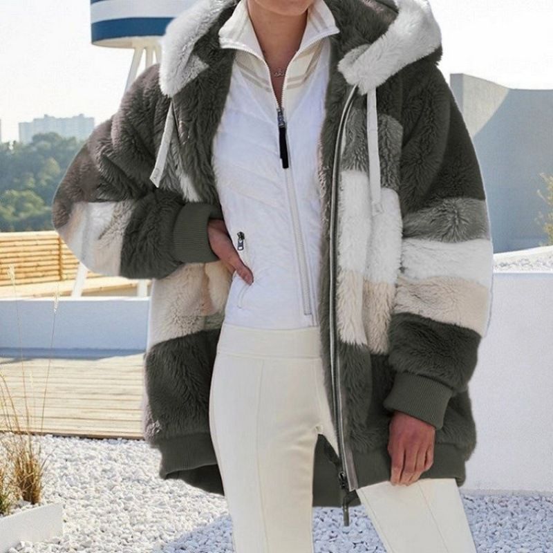 Women's Clothing autumn and winter warm plush patchwork zipper pocket hooded loose coat _autovado.com