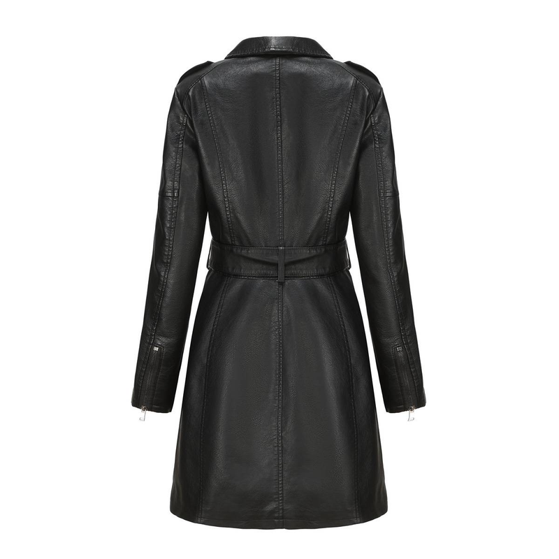 New mid-length leather coat with belt long-sleeved leather trench coat fashionable coat woman_autovado.com