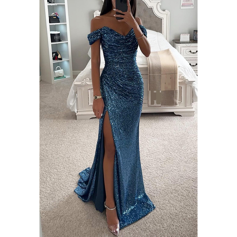 Women's Party Sequin Neckline Slit Dress INS Casual Fashion Dress_autovado.com