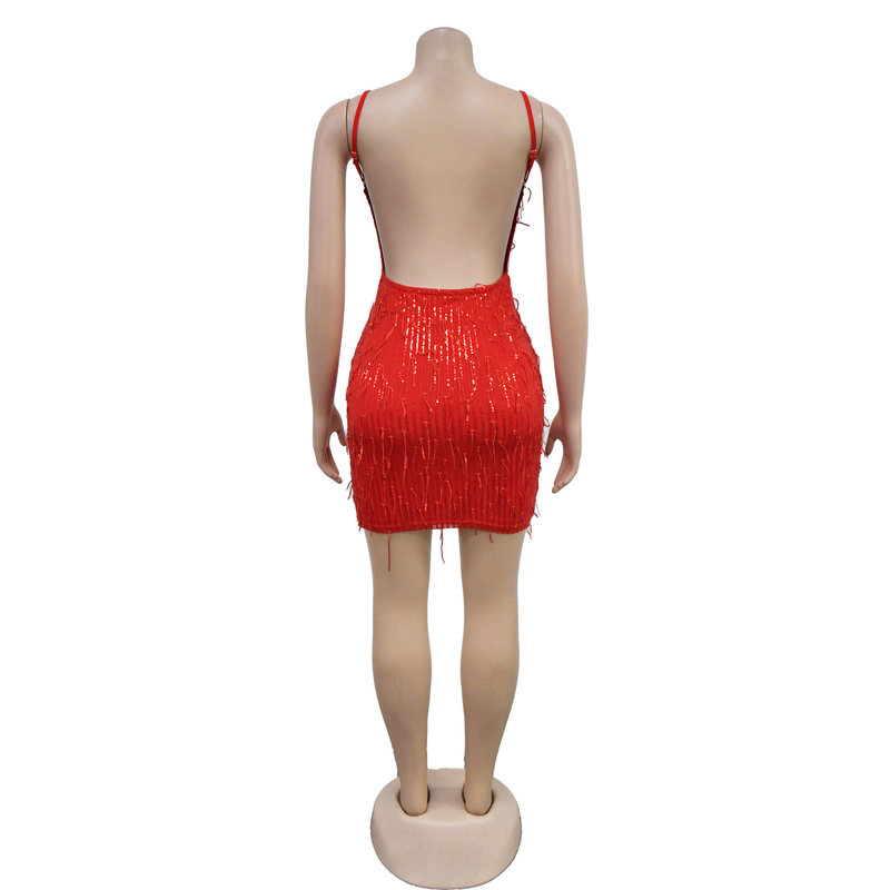 Women's solid color sequined sleeveless V-neck backless dress for women_autovado.com
