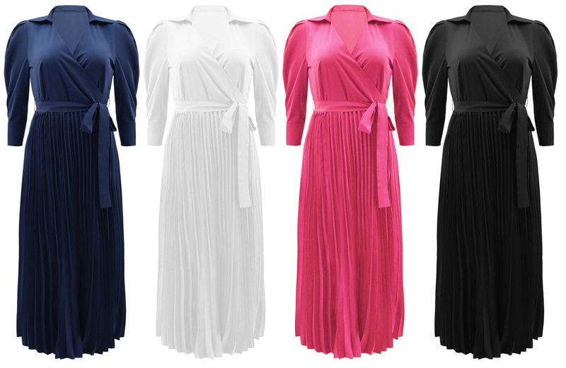 Long sleeved Polo collar high waist fashion casual pleated women's dress_autovado.com