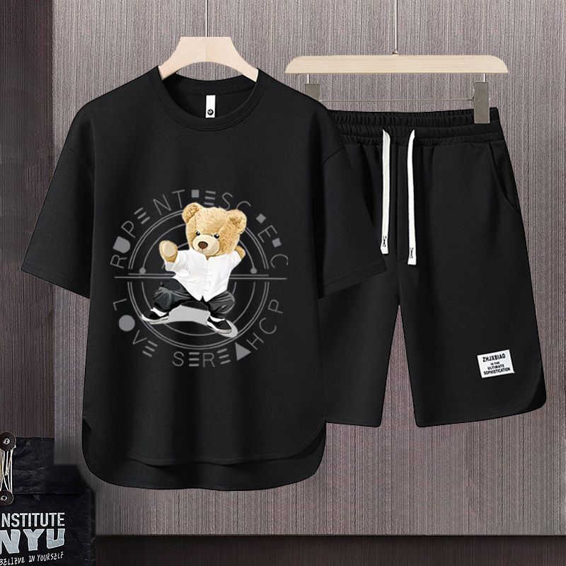 Men's Clothing 2024 Waffle Casual Summer Suit Men's Loose Teen Short sleeved T shirt Shorts Handsome Two piece Suit_autovado.com