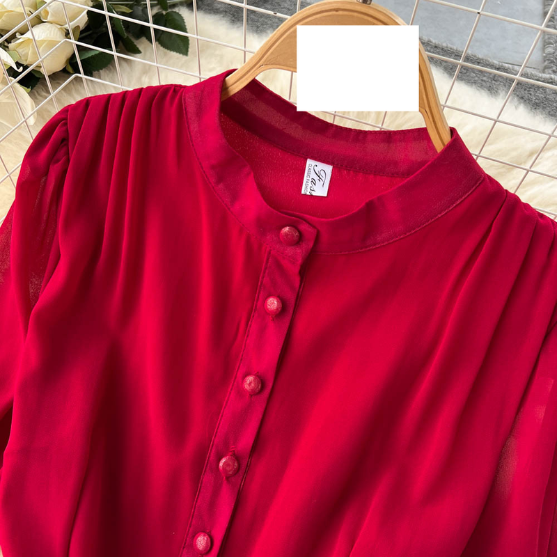 Women's V-neck Single Breasted Chiffon French Vintage Waist Slimming Big Swing A-line Long Skirt_autovado.com