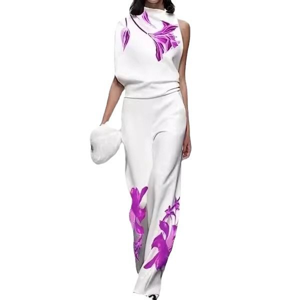 Women's Printed Turtleneck Suit - Sleeveless Two-Piece Suit | Stylish And Chic Suit_autovado.com