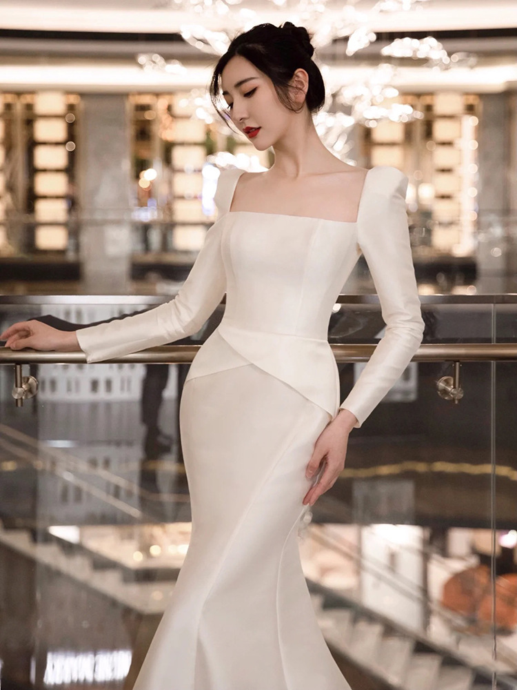 White long-sleeved wedding dress satin minimalist bride wedding reception dress host banquet annual meeting evening dress_autovado.com