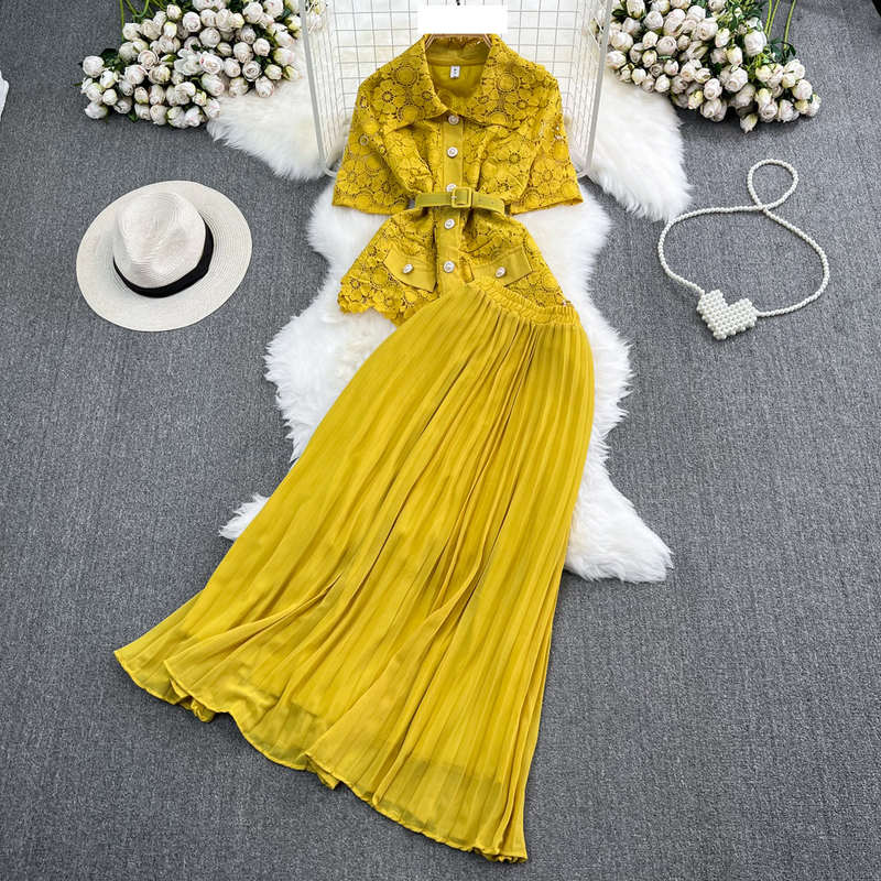 Women's fashion single breasted lace shirt two-piece set high waist a line pleated skirt_autovado.com