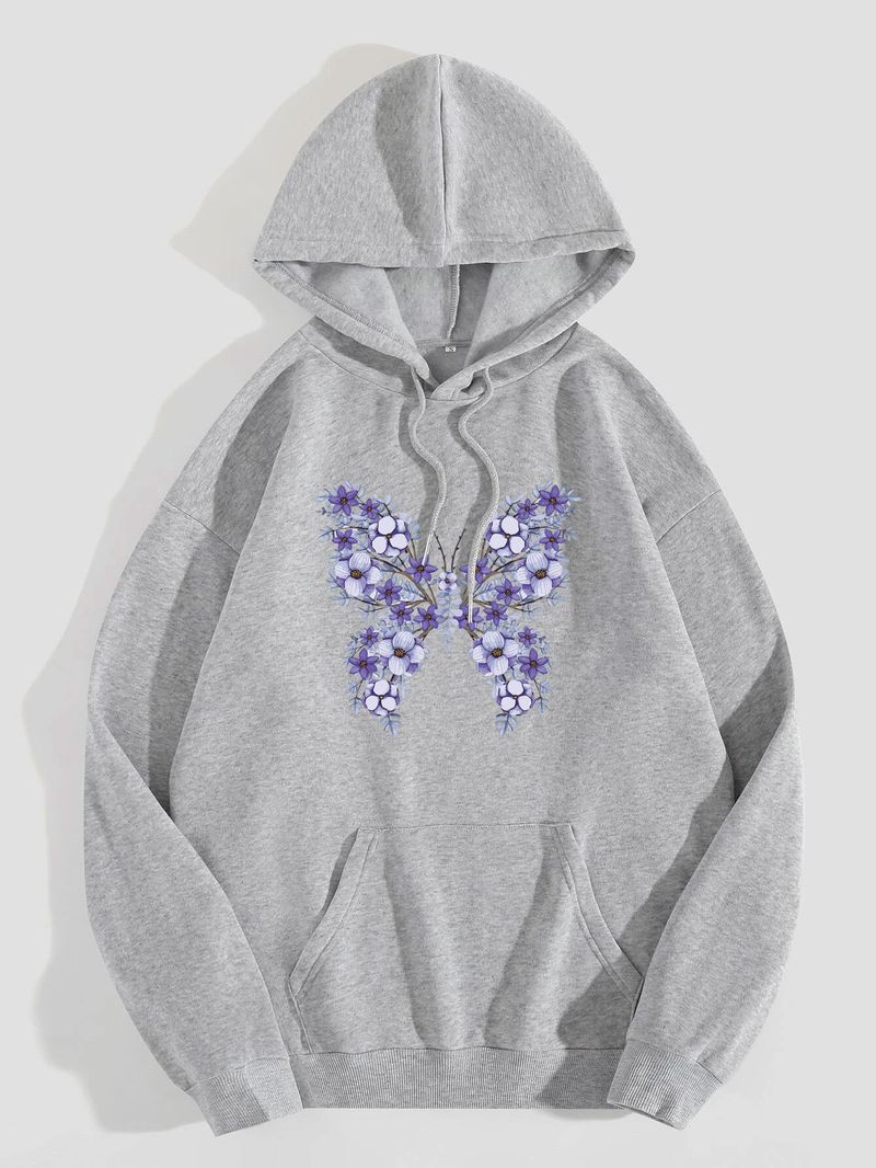 Women's Hoodie Long Sleeve Hoodies & Sweatshirts Printing Pocket Casual Flower Butterfly_autovado.com
