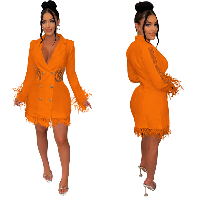 Women's fashion women's V-neck long-sleeved double-breasted tassel openwork dress_autovado.com