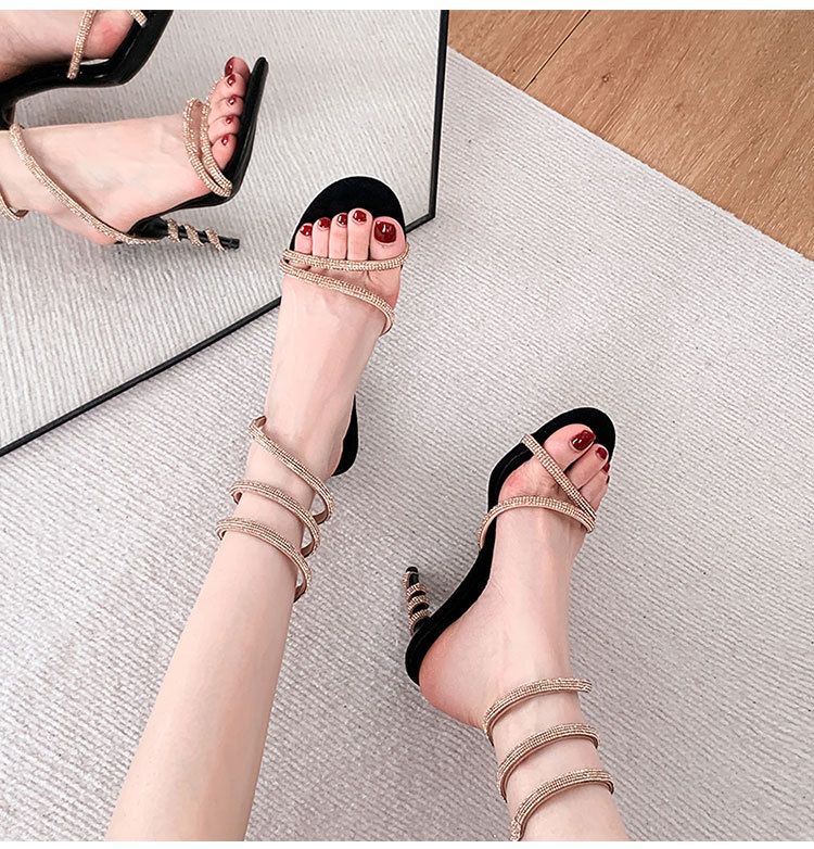 Women's fashion black gold open-toed serpentine loop sandals with fine heels and high heels_autovado.com