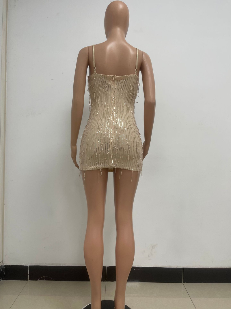 Women's deep V sleeveless hot girl hip-hugging dress mesh sequined tassel suspender skirt_autovado.com