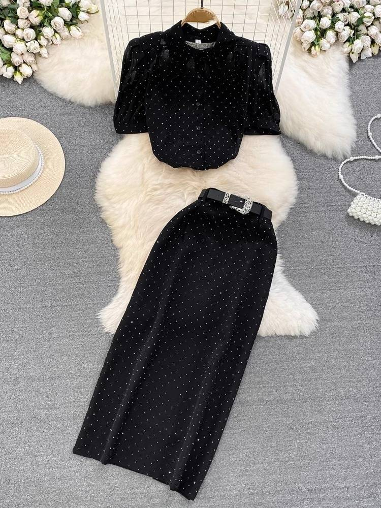 Women's Clothing light mature style, bubble short sleeves, single breasted, polka dot chiffon shirt, two piece suit_autovado.com