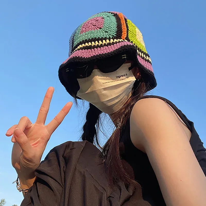 Hot Sale 2024 Colorful New Women Girl Handmade Crochet Bucket Hats Y2k Fashion Summer Beach Korean Hollow Knitted Hat_autovado.com
