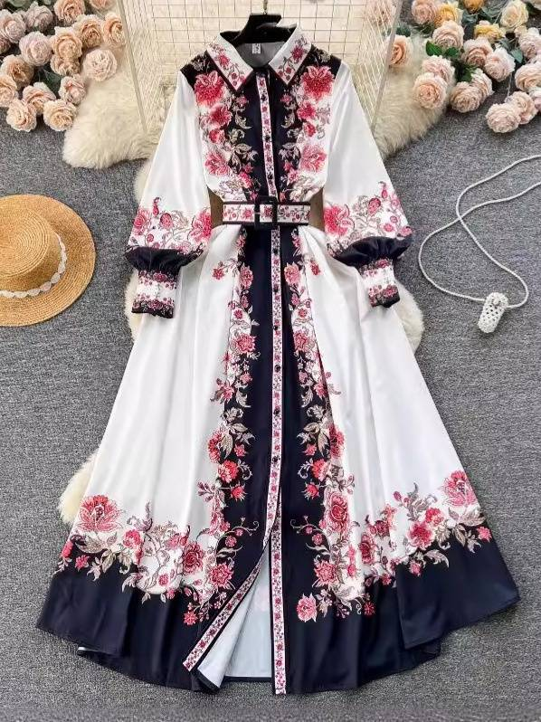 Women's Clothing color matching print slim long puff sleeve temperament dress spring dress _autovado.com