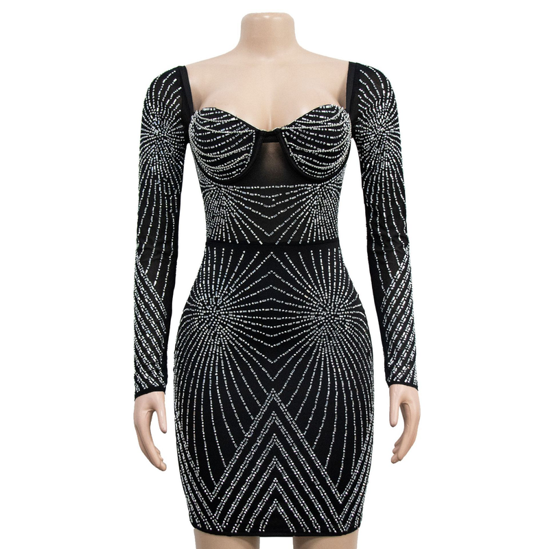 Women's solid color mesh rhinestone long-sleeved short skirt dress_autovado.com